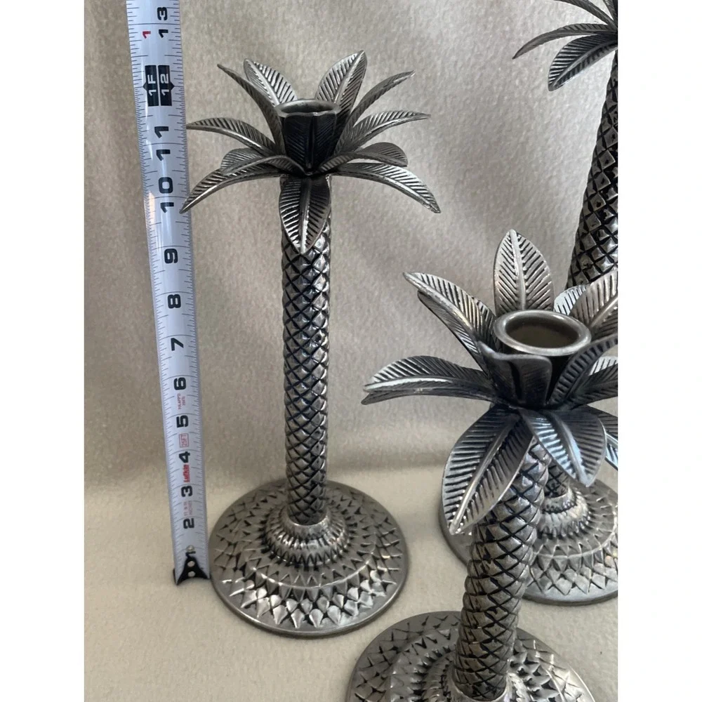 Vintage Set 3 Metal Palm Tree Taper Candle Holders Silver Blackwash Felt Bottom